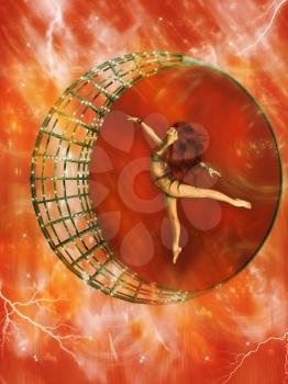 Royalty Free Clipart Image of a Woman Dancing in a Metallic Circle