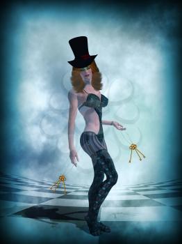Royalty Free Clipart Image of a Woman Wearing a Top Hat Holding Keys