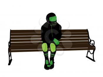 Royalty Free Clipart Image of a Motorcyclist on a Park Bench