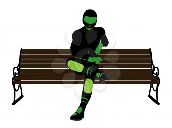 Royalty Free Clipart Image of a Motorcyclist on a Park Bench