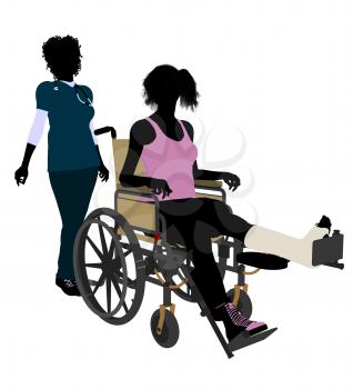 Royalty Free Clipart Image of a Nurse and Patient With a Broken Leg in a Wheelchair