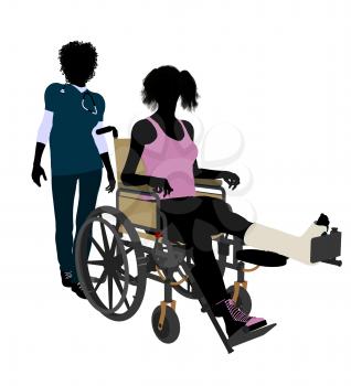 Royalty Free Clipart Image of a Nurse and Patient With a Broken Leg in a Wheelchair