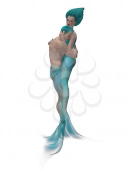Royalty Free Clipart Image of a Mermaid and Merman Embracing