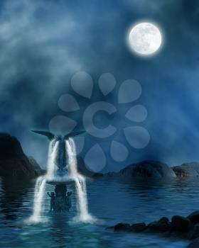 Royalty Free Clipart Image of a Fountain in an Ocean