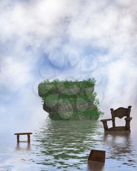 Royalty Free Clipart Image of Water With Floating Furniture