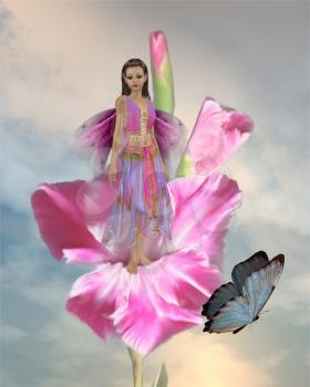 Royalty Free Clipart Image of a Fairy in a Flower With a Butterfly