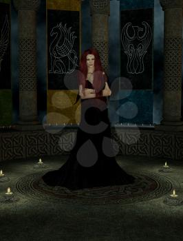 Royalty Free Clipart Image of a Woman in a Dark Room