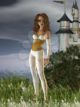 Royalty Free Clipart Image of a Girl in a Field By a Castle