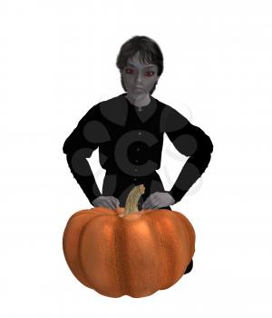 Royalty Free Clipart Image of a Boy Sitting Behind a Pumpkin