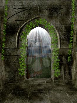 Royalty Free Clipart Image of a Door With Greenery Around It