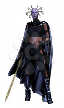 Royalty Free Clipart Image of a Science Fiction Woman Holding a Sword