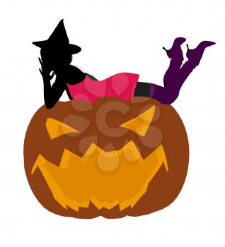 Royalty Free Clipart Image of a Woman in a Witch's Hat Lying on a Pumpkin