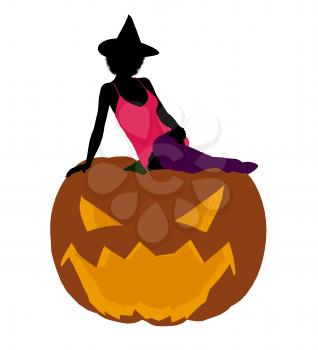 Royalty Free Clipart Image of a Woman in a Witch's Hat Sitting on a Pumpkin