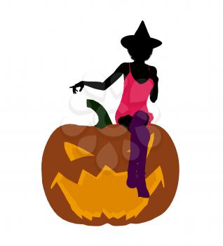 Royalty Free Clipart Image of a Woman in a Witch's Hat Sitting on a Pumpkin