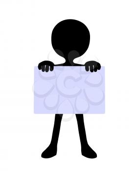 Cute black silhouette guy holding a blank business card on a white background
