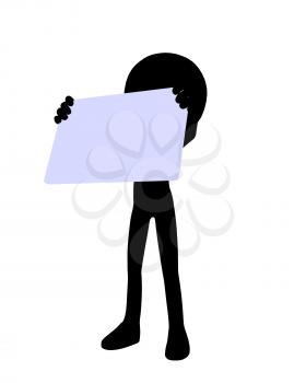 Cute black silhouette guy holding a blank business card on a white background
