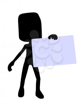 Royalty Free Clipart Image of a Square-Headed Character With a Sign
