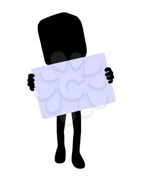 Royalty Free Clipart Image of a Square-Headed Character With a Sign