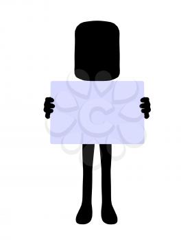 Royalty Free Clipart Image of a Square-Headed Character With a Sign
