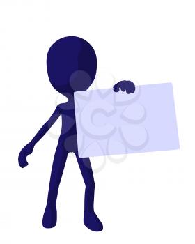 Cute blue silhouette guy holding a blank business card on a white background
