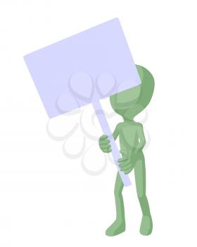 Cute green silhouette guy holding a blank sign on a white background
