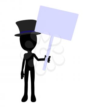 Cute black silhouette top hat guy holding a blank sign on a white background
