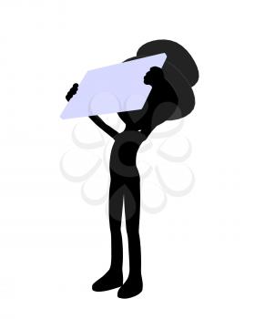Royalty Free Clipart Image of a Silhouette in a Top Hat Holding a Sign
