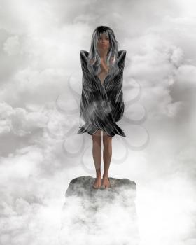 Royalty Free Clipart Image of a Girl in the Clouds