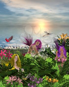Royalty Free Clipart Image of Fairies in Flowers by the Sea