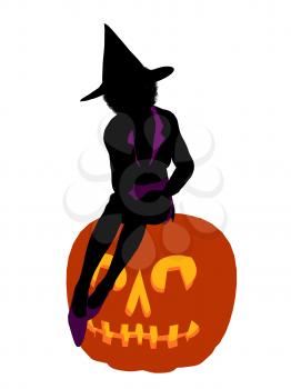 Royalty Free Clipart Image of a Witch and a Pumpkin