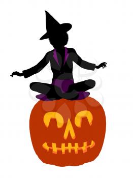 Royalty Free Clipart Image of a Witch and a Pumpkin