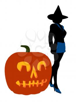 Royalty Free Clipart Image of a Witch Beside a Pumpkin