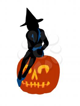 Royalty Free Clipart Image of a Witch on a Pumpkin