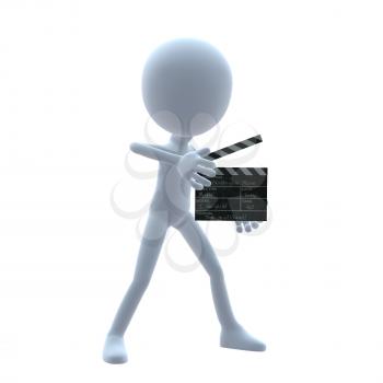 3D guy with a movie clapper on a white background