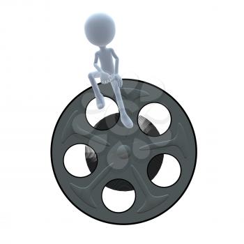 Royalty Free Clipart Image of a 3D Man and a Movie Reel