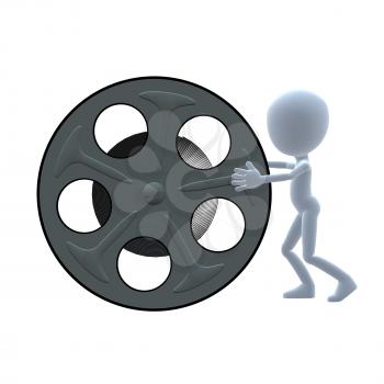 Royalty Free Clipart Image of a 3D Man and a Movie Reel