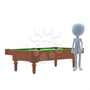 3D guy next to a pool table on a white background