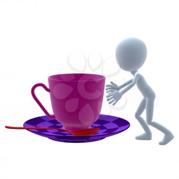 Royalty Free Clipart Image of a 3D Guy With a Teacup