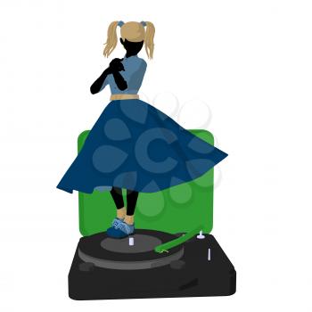 50's girl on a record player silhouette on a white background
