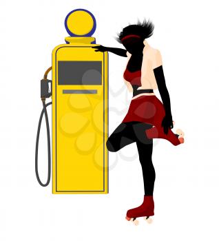 Royalty Free Clipart Image of a Girl in Roller Skates at a Gas Pump