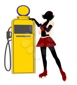 Royalty Free Clipart Image of a Girl in Roller Skates at a Gas Pump