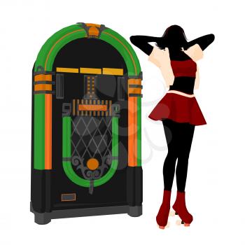 Royalty Free Clipart Image of a Woman on Roller Skates Next to a Jukebox