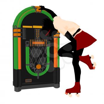 Royalty Free Clipart Image of a Woman on Roller Skates Next to a Jukebox