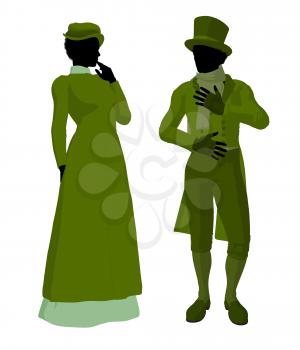 Victorian woman talking to a man silhouette on a white background