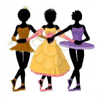 Three african american ballerinas holding hands on a white background