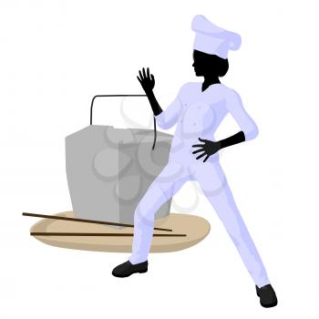 Royalty Free Clipart Image of a Female Chef With a Takeout Container, Chopsticks and a Plate