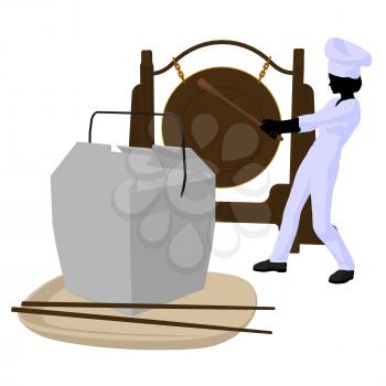 Royalty Free Clipart Image of a Chef With a Gong and a Takeout Container