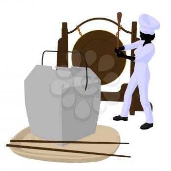 Royalty Free Clipart Image of a Chef With a Gong and a Takeout Container