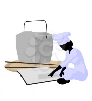 Royalty Free Clipart Image of a Female Chef With a Takeout Container, Chopsticks and a Plate