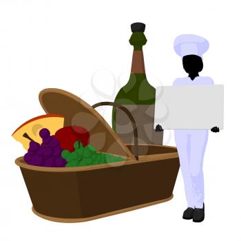 Royalty Free Clipart Image of a Female Chef With a Picnic Basket, Wine and a Sign